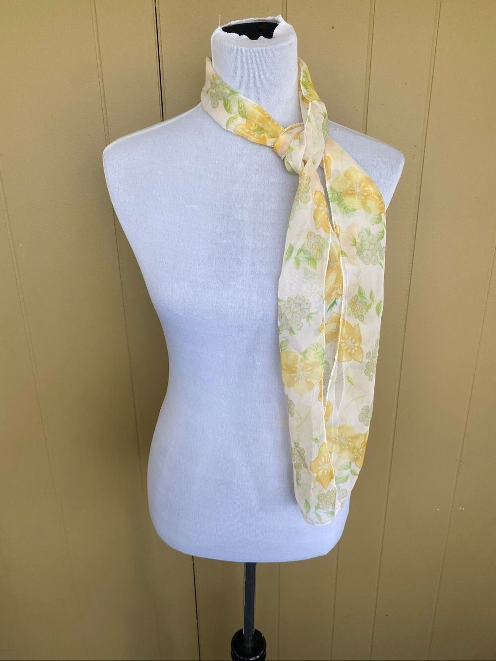 Sheer floral print scarf 59”x6 yellow & white